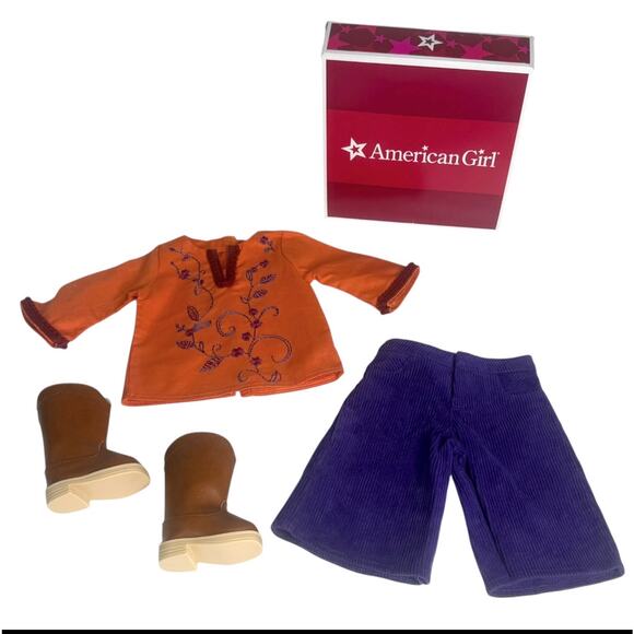 American Girl Doll Julie Casual Outfit Tunic Top Purple Gauchos Pant Boots Box - Picture 2 of 10